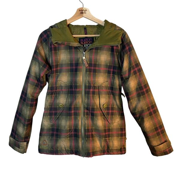 Burton Plaid DryRide Hooded Snowboarding Jacket SZ Small Green & Pink Puffer - Picture 1 of 16